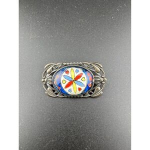 Vintage Hoffman Sterling Silver Enamel Glass Cabochon Floral Heart Brooch Pin